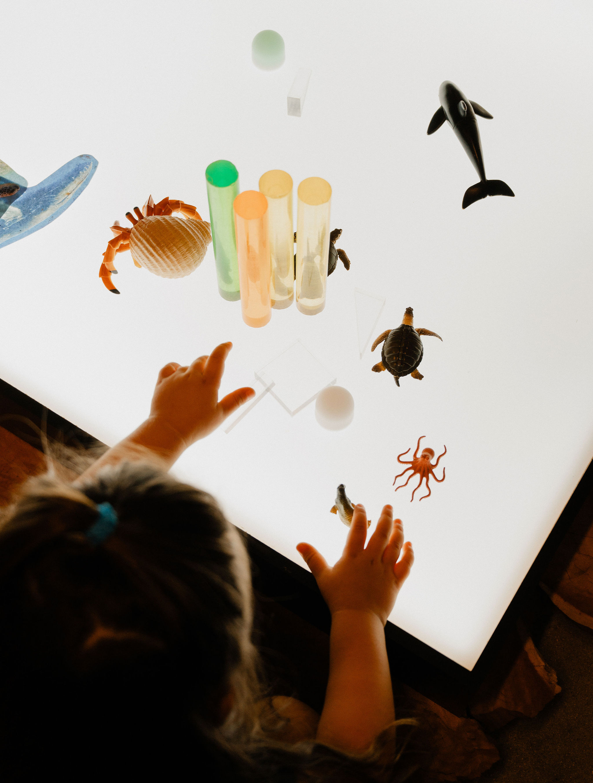 Children exploring a light-table activity at Orchard Atelier