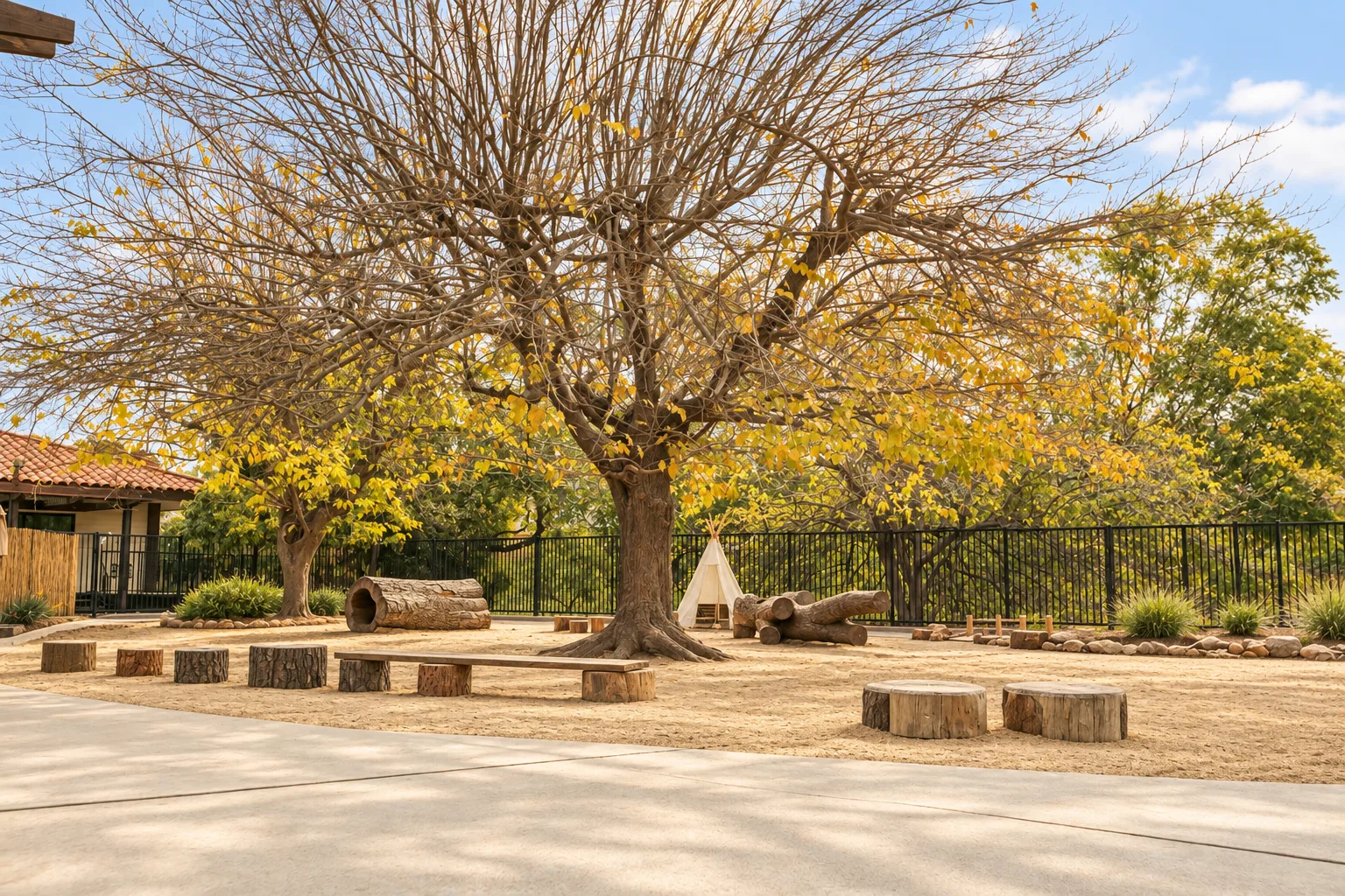 Nature-play yard with a wide shade tree and natural log seating at Orchard Atelier